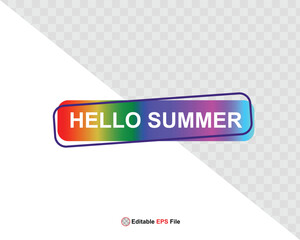 Hello summer button, sun and sale. Vector minimalistic illustration of sun rays, swimming pool with sun lounger and umbrella and tropical palm leaf, orange and sea beach with sand for background