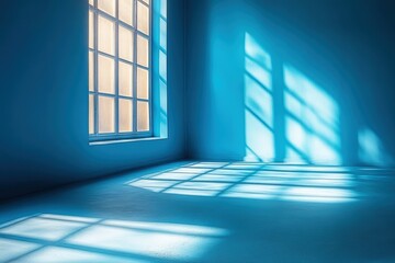 Azure Tranquility: Sunlight streams through a paned window into a minimalist blue room, casting geometric shadows across the floor. 