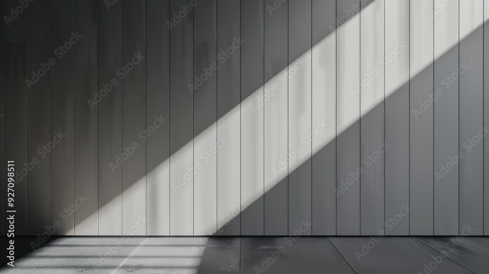 Poster sunlight streams through a window, casting a diagonal shadow across a grey wooden wall, highlighting