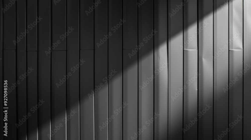 Fototapete sunlight shines onto a wall of vertical panels, casting a long, diagonal shadow across the surface. 
