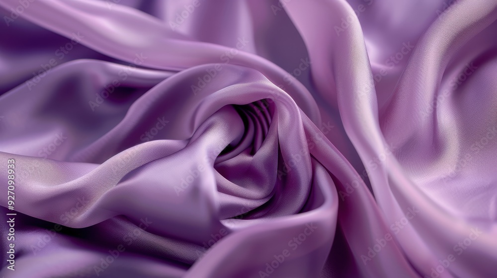Poster A close-up image showcasing the smooth, silky texture of a lavender satin fabric. The fabric is draped in soft folds, creating a delicate and elegant composition. The light catches the satin's surface