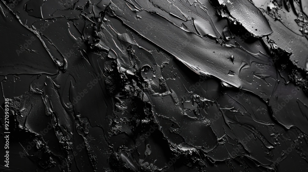 Poster A close-up shot of black paint applied in thick, textured strokes, creating an abstract and visually interesting pattern. The light catches the peaks and valleys of the paint, revealing subtle variati