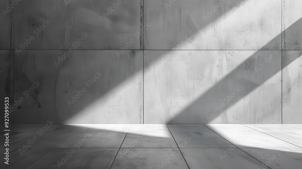 Aufkleber A gray concrete wall and floor are illuminated by a bright beam of sunlight streaming in from an unseen window, casting sharp, diagonal shadows across the surface.