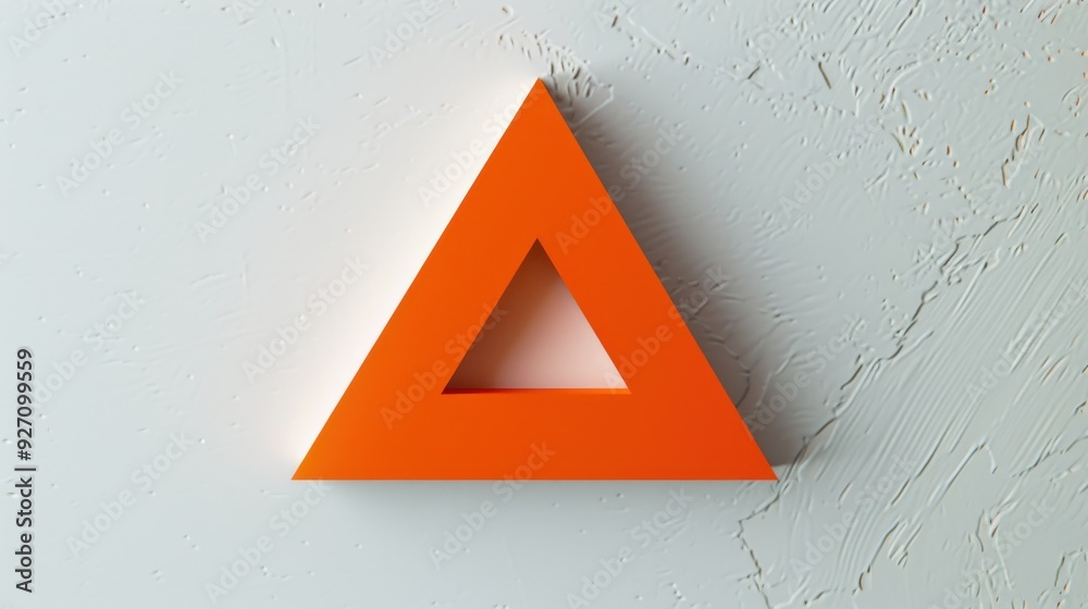 Poster An orange triangle with a smaller, white triangular cutout in the center sits on a white wall. The wall has a textured surface, adding visual interest.