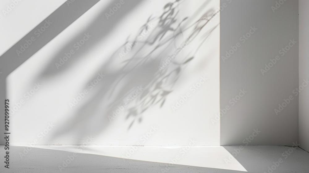 Poster Sunlight shines through a window casting abstract shadows of branches on a white wall, creating a minimalist and natural light effect.