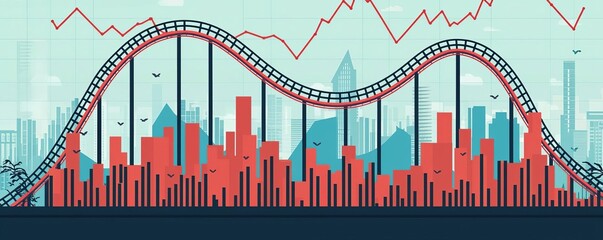 Financial instability, fluctuating economy with rollercoaster graph, flat design illustration