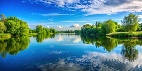 Obraz premium A serene landscape with lush greenery and a crystal clear lake reflecting the blue sky above, nature, environment, scenic