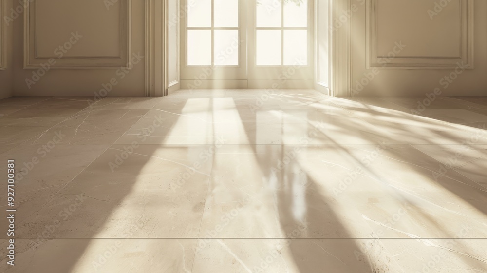 Aufkleber Sunlight streams in through windows onto a clean tile floor in a room with white walls and trim. The sunbeams create light and shadow patterns on the floor.