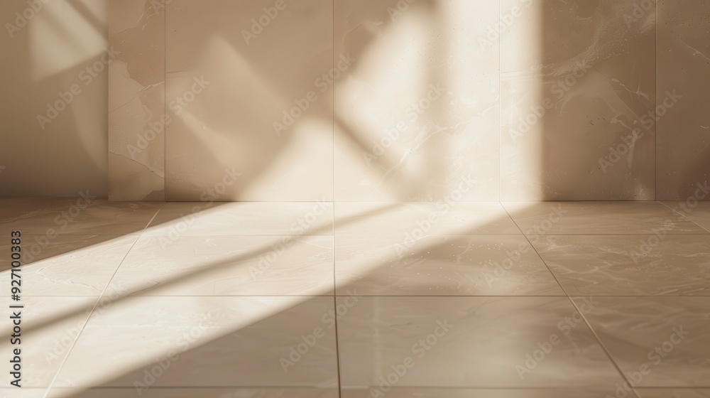 Poster Sunlight streams through a window, casting long shadows onto the tiled floor. The light is soft and warm, creating a calming and peaceful atmosphere.