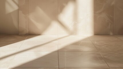Sunlight streams through a window, casting long shadows onto the tiled floor. The light is soft and warm, creating a calming and peaceful atmosphere.