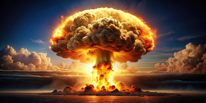Dramatic rendered image of a nuclear fission explosion with high contrast cinematic aesthetic, nuclear, fission