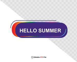 Hello summer button, sun and sale. Vector minimalistic illustration of sun rays, swimming pool with sun lounger and umbrella and tropical palm leaf, orange and sea beach with sand for background