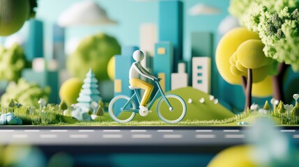 Sustainable Lifestyle Concept - 3D Render of Person Biking to Work, Eco-Friendly Green Transportation