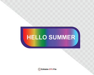 Hello summer button, sun and sale. Vector minimalistic illustration of sun rays, swimming pool with sun lounger and umbrella and tropical palm leaf, orange and sea beach with sand for background