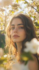portrait of young woman with freckles stands among blooming flowers bathed in soft sunlight calmness and natural beauty in an outdoor setting