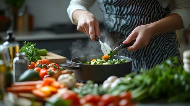 Gesunde K&uuml;che: Person bereitet eine nahrhafte Mahlzeit in einer modernen K&uuml;che zu
