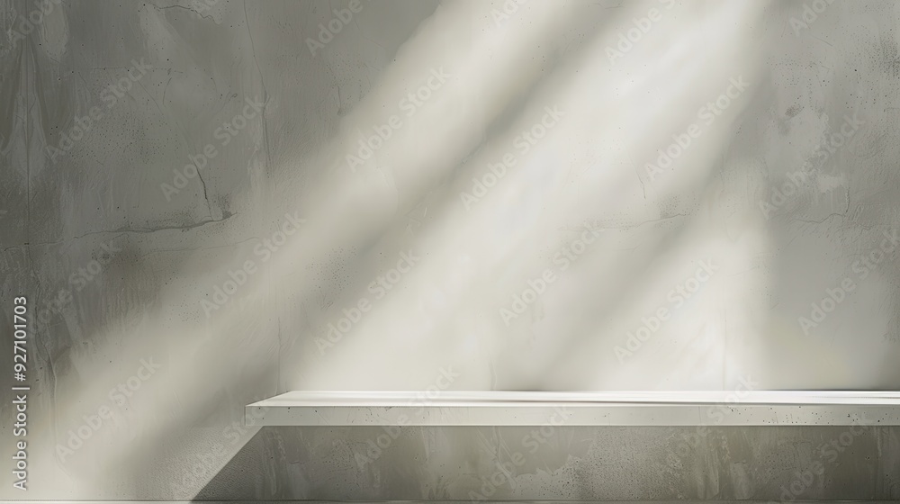 Fototapete A white shelf extends across the bottom of the image, situated against a grey wall. The wall is textured with subtle variations in shade and light, and the surface is slightly uneven. Sunlight streams