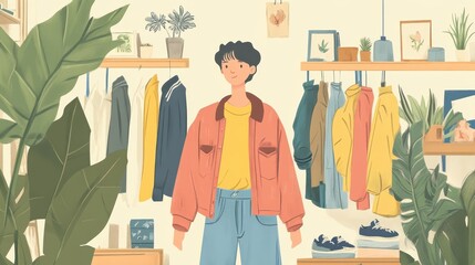 Eco-Friendly Fashion Sustainability Concept: Person Buying Second-Hand Clothing in 3D Illustration