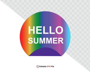 Hello summer button, sun and sale. Vector minimalistic illustration of sun rays, swimming pool with sun lounger and umbrella and tropical palm leaf, orange and sea beach with sand for background