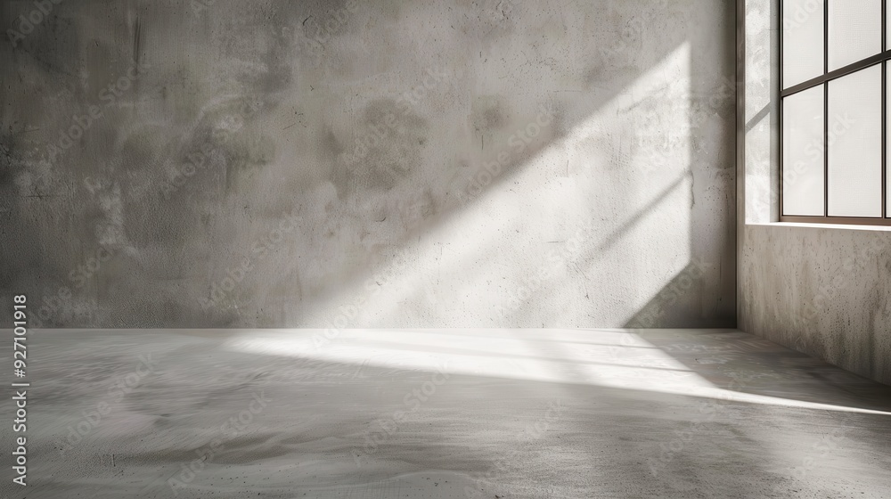 Poster a large window in a concrete room allows sunlight to stream across the empty floor, casting shadows 