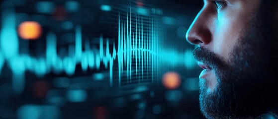 A focused profile of a man analyzing sound waves, showcasing technology and sound visualization in a modern setting.
