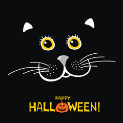 Happy Halloween! Celebration black background with cat and place for your text. Vector illustration