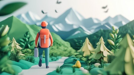 Fototapeta premium Eco-Conscious Traveler Hiking with Reusable Water Bottle â€“ Sustainable Lifestyle 3D Illustration
