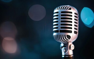 Close-up of a vintage microphone with a blurred background, perfect for music, performance, or broadcasting concepts.