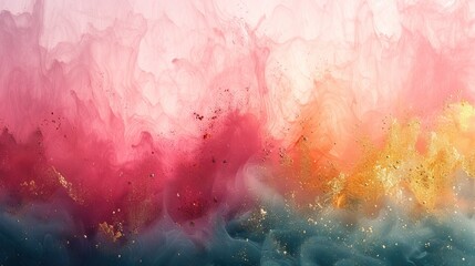 Fototapeta premium The abstract design features gold, pink, and green splashes on a white background, forming random and aesthetically pleasing shapes.
