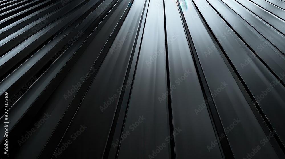 Aufkleber A close-up shot of a series of black metal roof panels running towards a distant source of light. The panels are arranged in parallel lines, creating a sense of depth and perspective. The light reflec