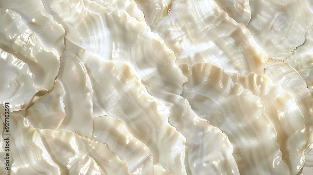 Poster a close up view of a mother of pearl shell's interior surface, revealing a textured, iridescent patt