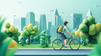 Eco-Friendly Commuting - 3D Illustration of Person Walking or Biking to Reduce Carbon Footprint and Promote Sustainable Transportation