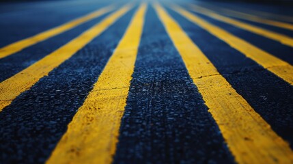 A close-up perspective of yellow road stripes painted on a dark asphalt road. The stripes lead...