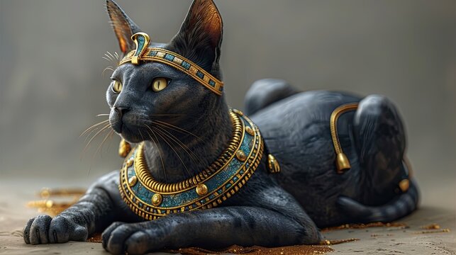 Bastet, the ancient Egyptian goddess, is symbolized by a black cat adorned with golden ornaments.