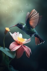 Obraz premium Hummingbird over pink flowers