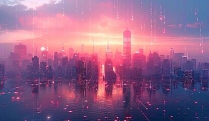 Fototapeta premium A city skyline with a pink sky and a pink ocean