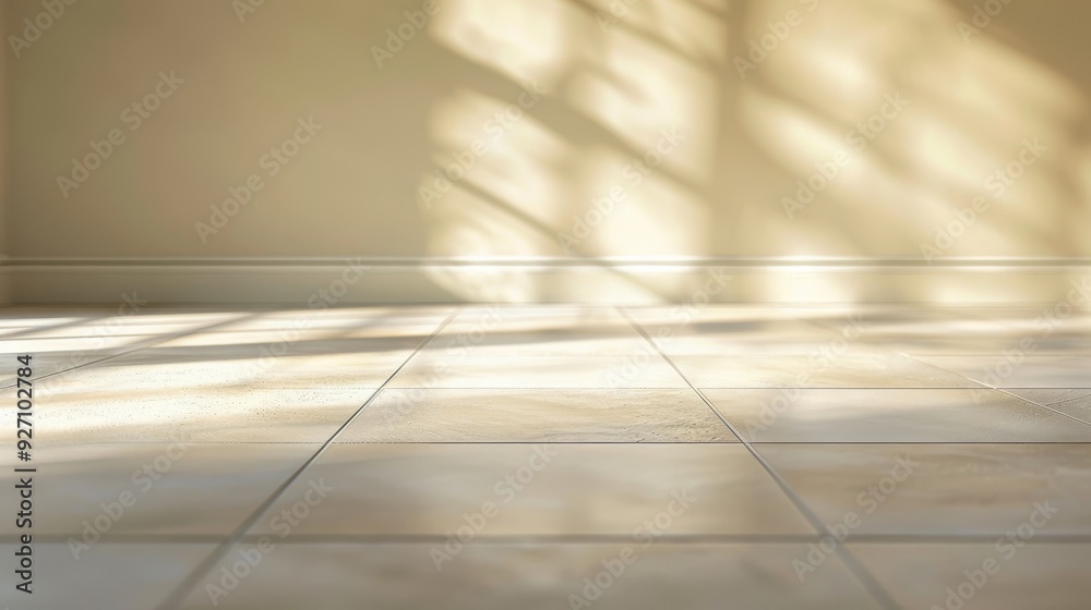 Poster Sunlight streams through a window, casting long, diagonal shadows onto a tiled floor. The room is empty, except for the light and shadows.
