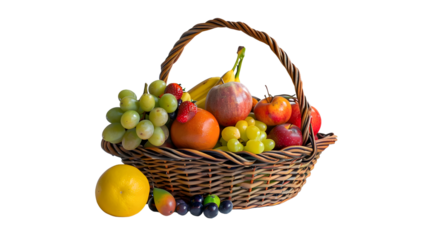 A wicker basket filled with fresh fruits is isolated against a white background.
