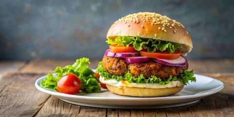 Falafel burger served on a plate on a table , falafel, burger, vegetarian, healthy, delicious, meal, food, lunch, dinner