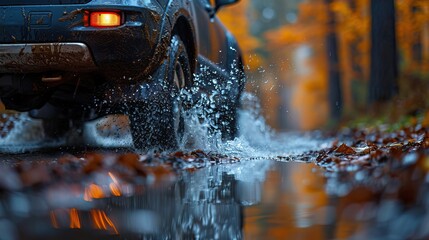 A car splashes through a puddle, sending water flying.