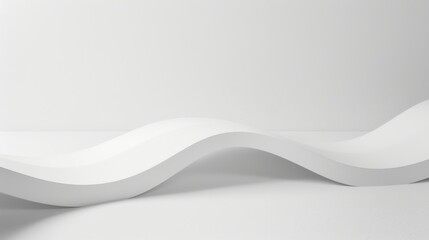 A smooth white surface curves upwards and then downwards, creating a wave-like shape. The background is a simple white wall, creating a clean, minimalist aesthetic. The focus is on the shape and textu