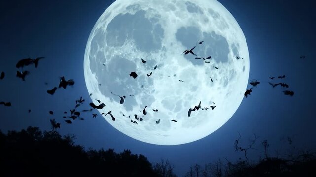 Bats flying across a full moon on halloween night