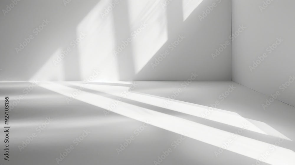 Poster Sunlight streams through a window and casts long, rectangular shadows across the white floor of an empty room. The walls are also white, creating a minimalist and clean aesthetic.