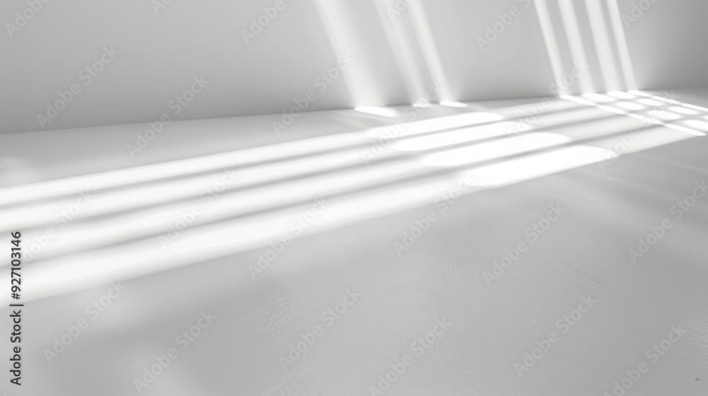 Poster a white wall is illuminated by sunlight filtering through blinds, casting long, horizontal streaks o