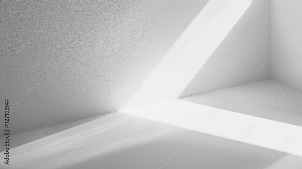 Poster Sunlight streams through a corner window in a white room, creating long, diagonal shadows on the walls and floor. The room is otherwise empty, making the light the focal point of the image.