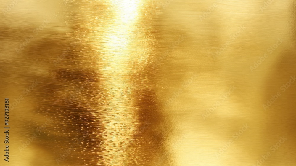 Poster The image shows a textured, brushed, gold background with light reflecting off its surface. It is a smooth and shiny metallic surface with an abstract pattern.