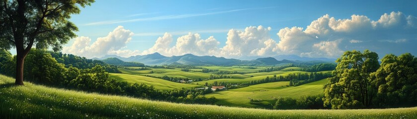 Obraz premium A serene panoramic view of rolling green hills under a blue sky with fluffy clouds, showcasing nature's beauty on a sunny day.