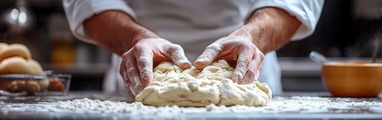 Baker Kneading Dough on Flour-Dusted Surface