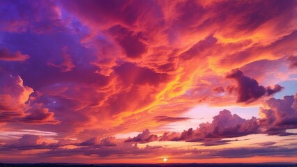 Sunset sky with vibrant orange, pink, and purple clouds, dramatic and beautiful.