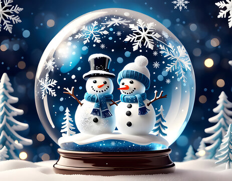 A beautiful Snow glass globe with a cute snowman couple  inside